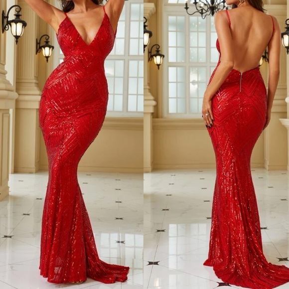 Luxe mermaid hem backless party formal evening sequins gown dress - Picture 1 of 7